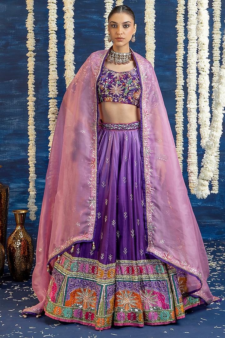 Violet Ombre Vasansi Silk Hand Embroidered Wedding Lehenga Set by Vasansi Jaipur at Pernia's Pop Up Shop