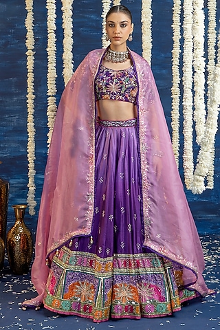 Violet Ombre Vasansi Silk Hand Embroidered Lehenga Set by Vasansi Jaipur