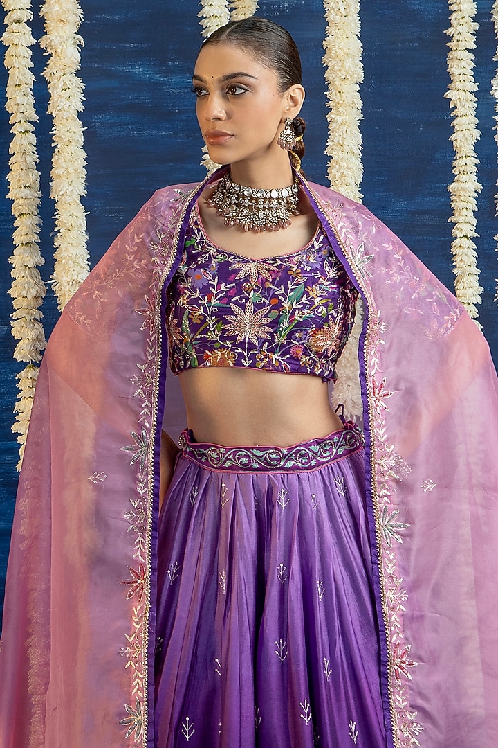 Violet Ombre Vasansi Silk Hand Embroidered Wedding Lehenga Set by Vasansi Jaipur at Pernia's Pop Up Shop