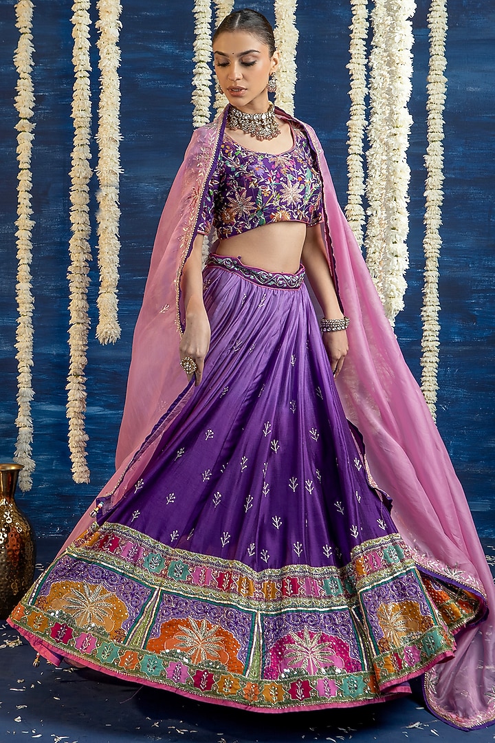Violet Ombre Vasansi Silk Hand Embroidered Wedding Lehenga Set by Vasansi Jaipur at Pernia's Pop Up Shop