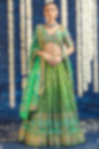 Green Vasansi Silk Printed & Embroidered Wedding Lehenga Set by Vasansi Jaipur at Pernia's Pop Up Shop