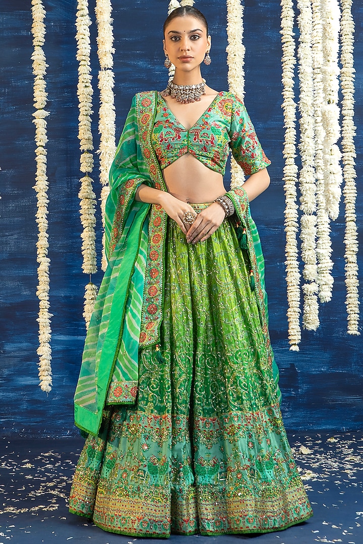 Green Vasansi Silk Printed & Embroidered Wedding Lehenga Set by Vasansi Jaipur at Pernia's Pop Up Shop