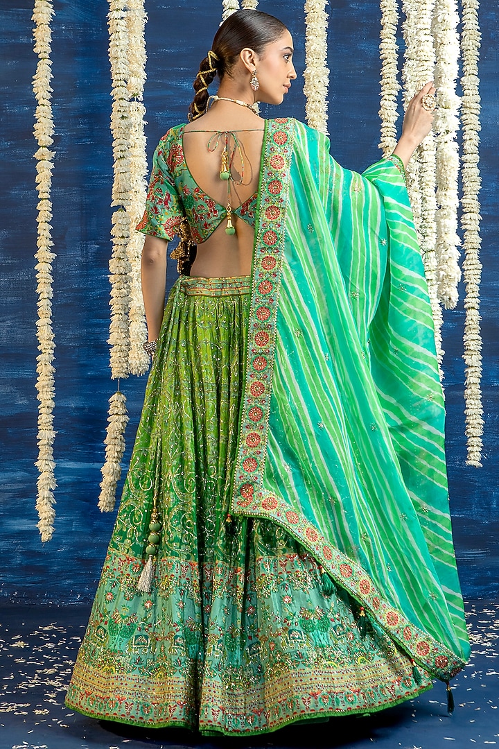 Green Vasansi Silk Printed & Embroidered Wedding Lehenga Set by Vasansi Jaipur at Pernia's Pop Up Shop