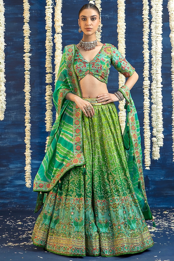 Green Vasansi Silk Printed & Embroidered Wedding Lehenga Set by Vasansi Jaipur at Pernia's Pop Up Shop