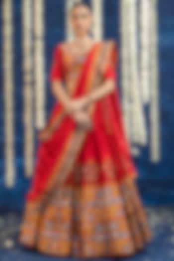 Red Vasansi Silk Mirror Embroidered Wedding Lehenga Set by Vasansi Jaipur at Pernia's Pop Up Shop