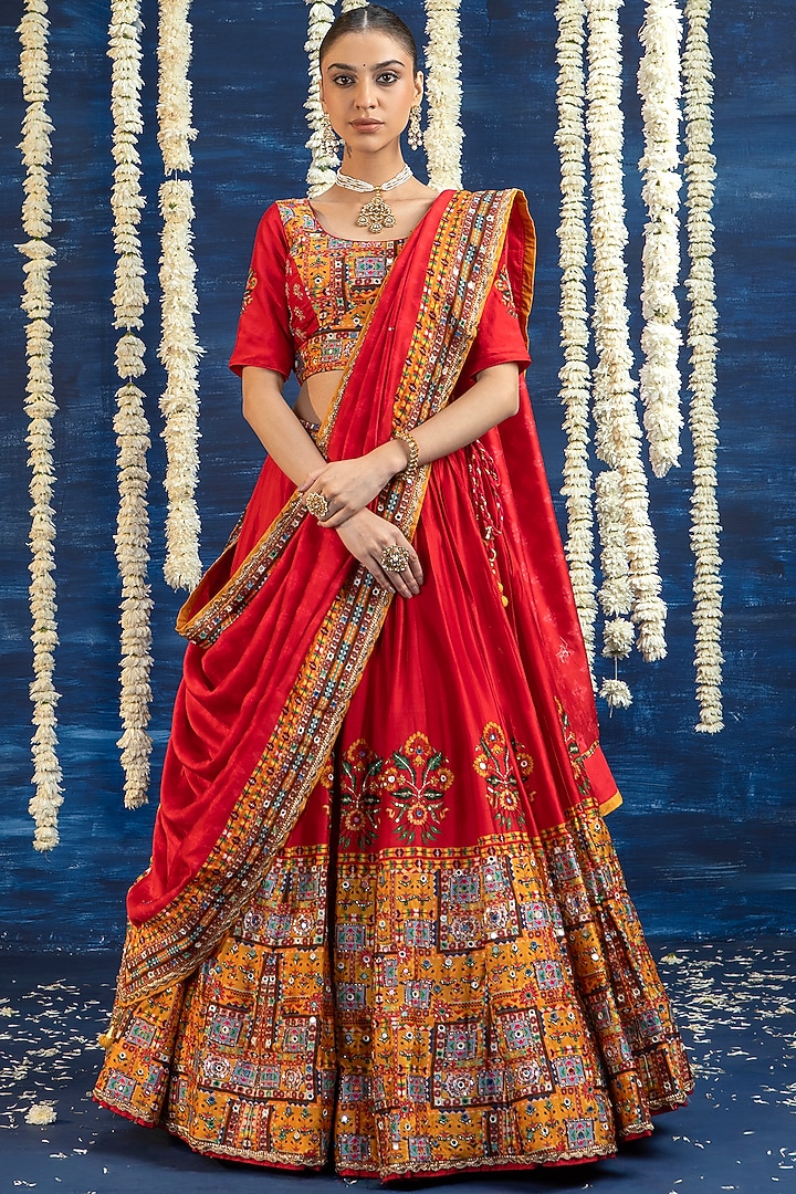 Red Vasansi Silk Mirror Embroidered Wedding Lehenga Set by Vasansi Jaipur at Pernia's Pop Up Shop