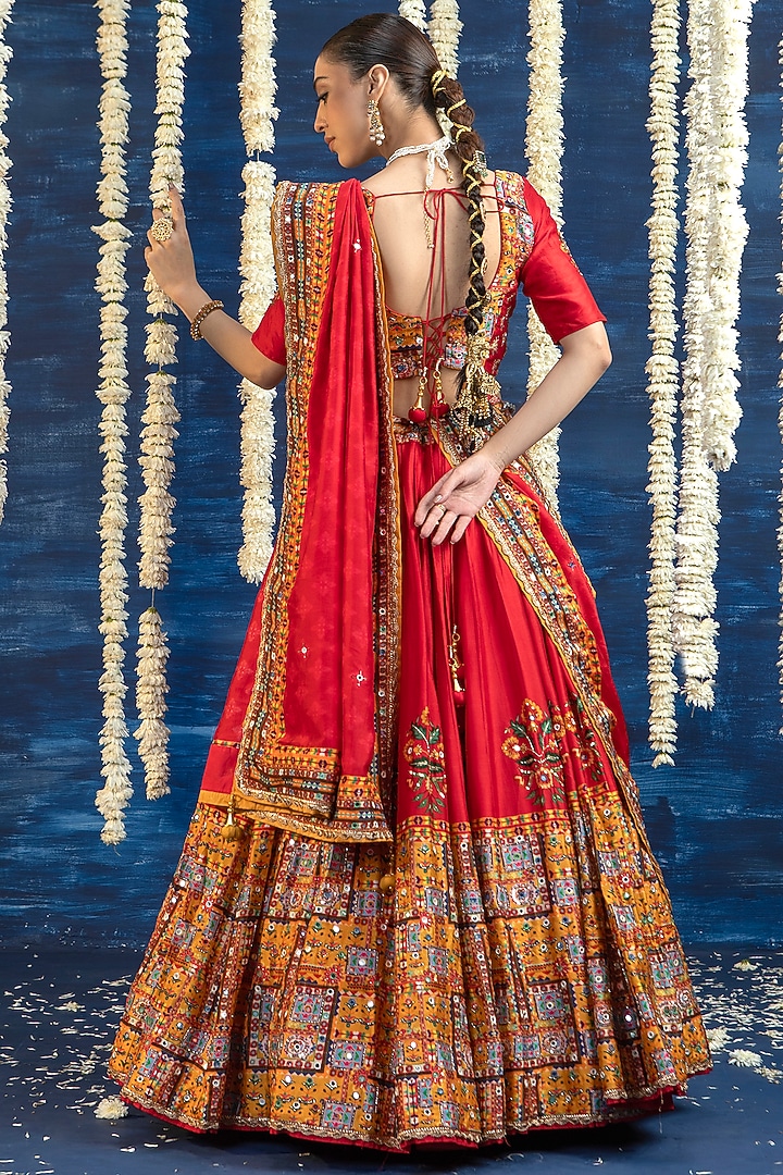 Red Vasansi Silk Mirror Embroidered Wedding Lehenga Set by Vasansi Jaipur at Pernia's Pop Up Shop