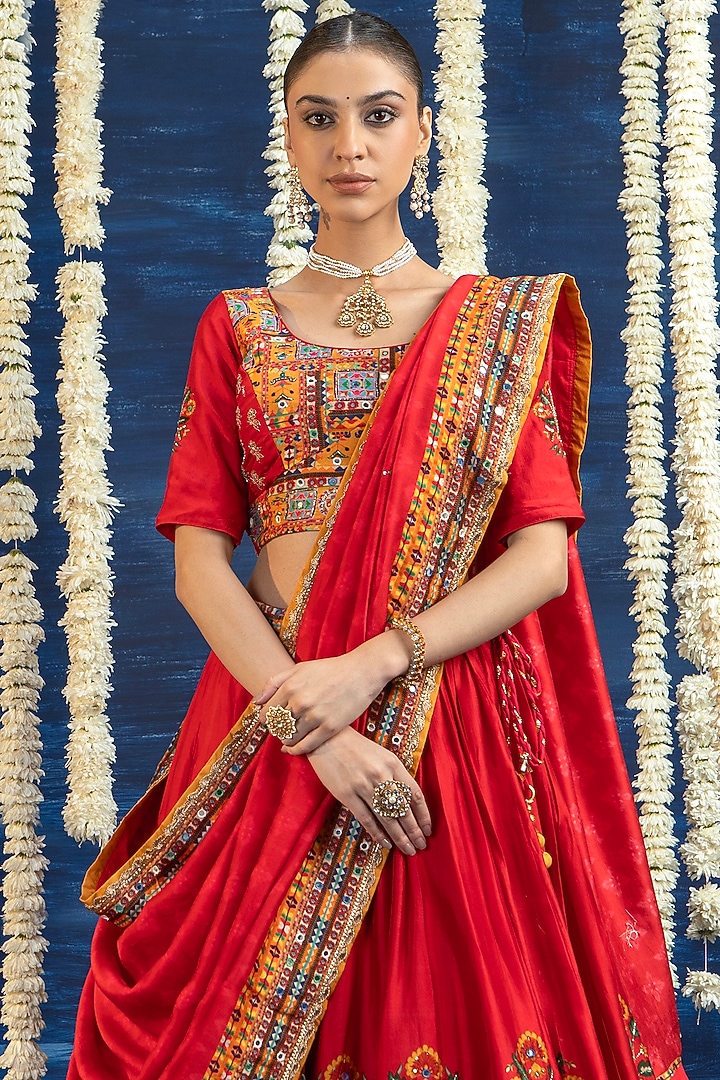 Red Vasansi Silk Mirror Embroidered Wedding Lehenga Set by Vasansi Jaipur at Pernia's Pop Up Shop