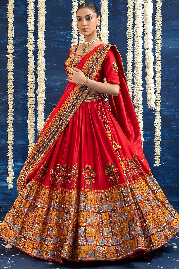 Red Vasansi Silk Mirror Embroidered Wedding Lehenga Set by Vasansi Jaipur at Pernia's Pop Up Shop
