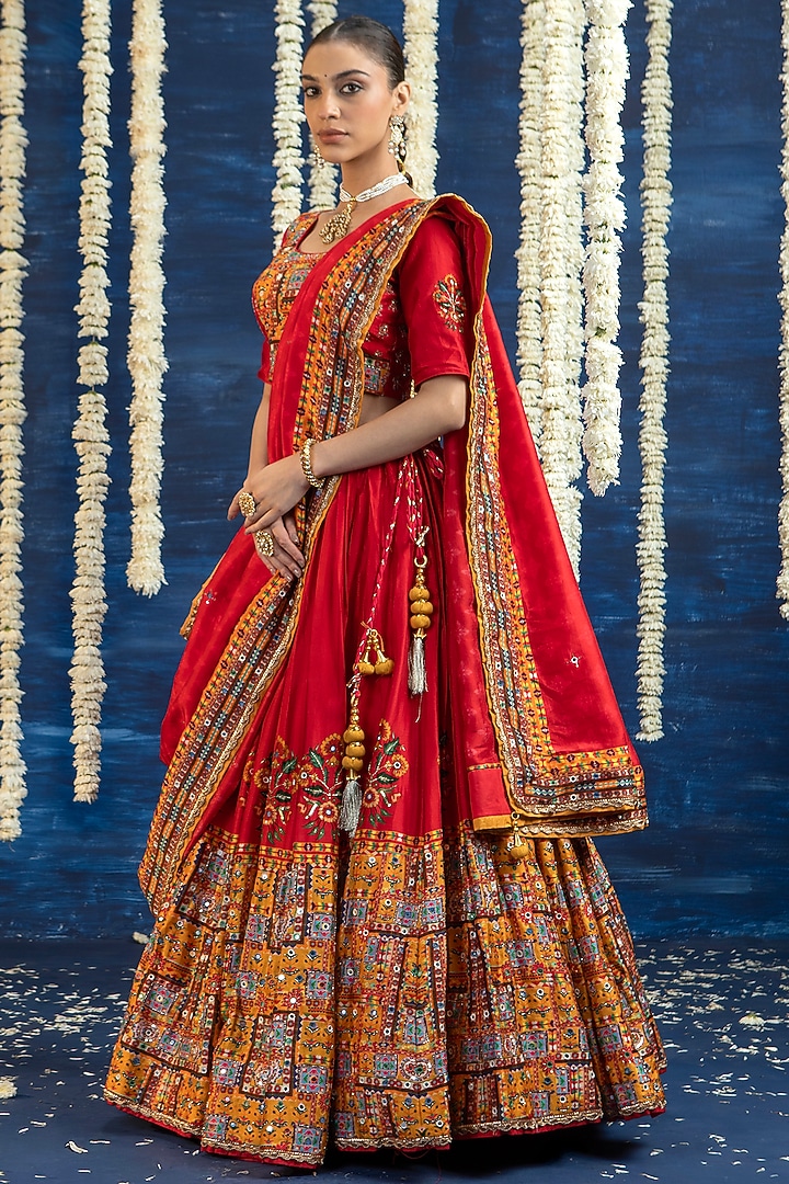 Red Vasansi Silk Mirror Embroidered Wedding Lehenga Set by Vasansi Jaipur at Pernia's Pop Up Shop