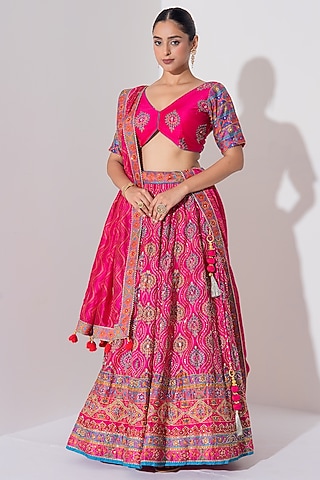 Pink Vasansi Silk Printed & Embroidered Lehenga Set by Vasansi Jaipur