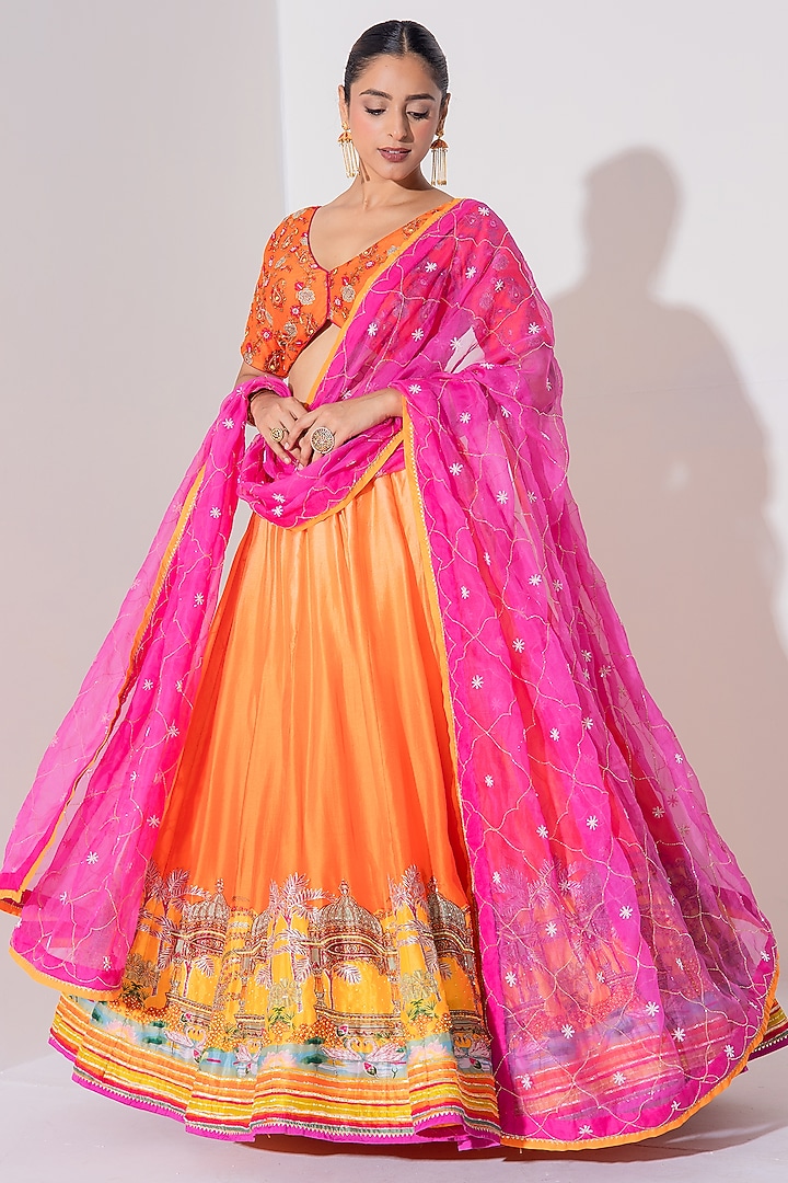 Orange Vasansi Silk Sequins Embroidered Wedding Lehenga Set by Vasansi Jaipur at Pernia's Pop Up Shop