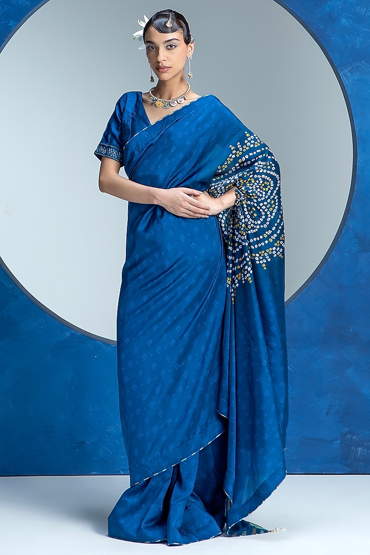 Indigo Blue Vasansi Silk Bead Work Bandhani Festive Saree Set by Vasansi Jaipur at Pernia's Pop Up Shop