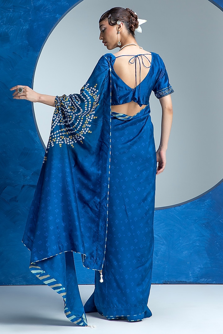 Indigo Blue Vasansi Silk Bead Work Bandhani Festive Saree Set by Vasansi Jaipur at Pernia's Pop Up Shop