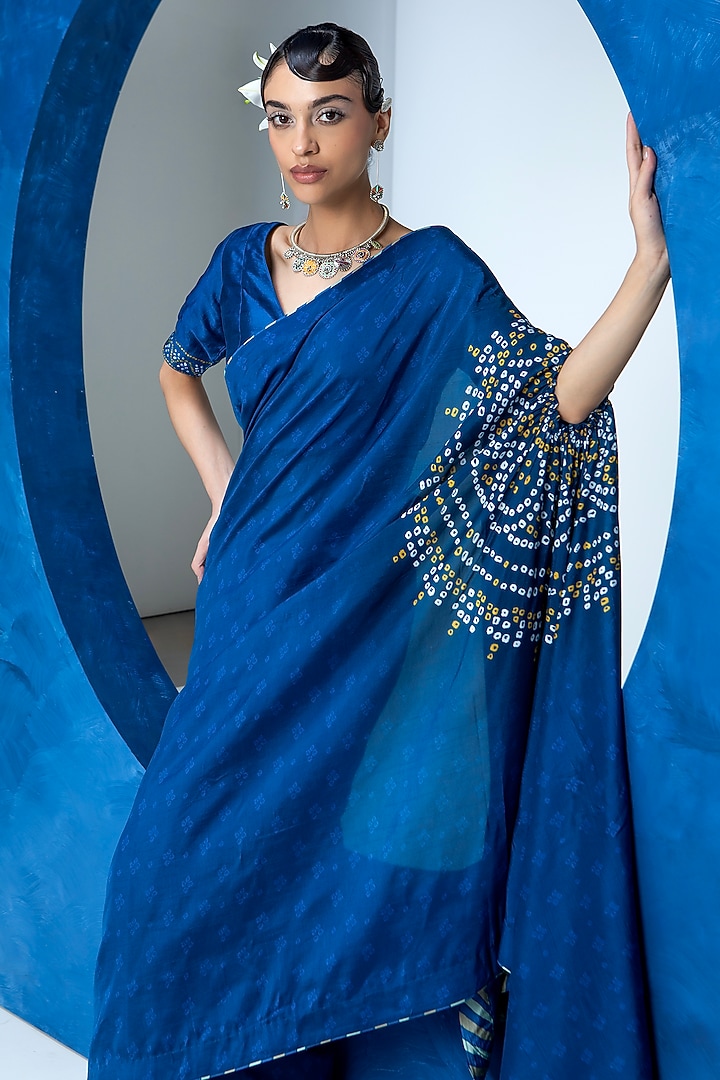 Indigo Blue Vasansi Silk Bead Work Bandhani Festive Saree Set by Vasansi Jaipur at Pernia's Pop Up Shop