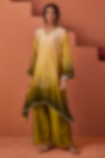 Green & Yellow Vasansi Silk Bead Work Asymmetric Kurta Set by Vasansi Jaipur at Pernia's Pop Up Shop
