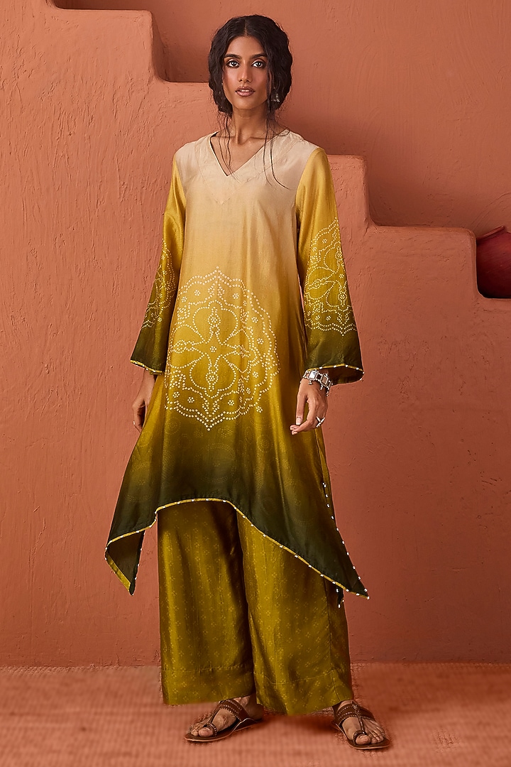 Green & Yellow Vasansi Silk Bead Work Asymmetric Kurta Set by Vasansi Jaipur at Pernia's Pop Up Shop