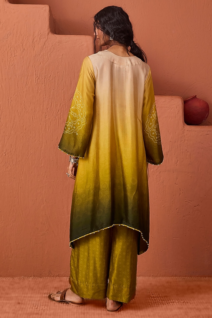 Green & Yellow Vasansi Silk Bead Work Asymmetric Kurta Set by Vasansi Jaipur at Pernia's Pop Up Shop