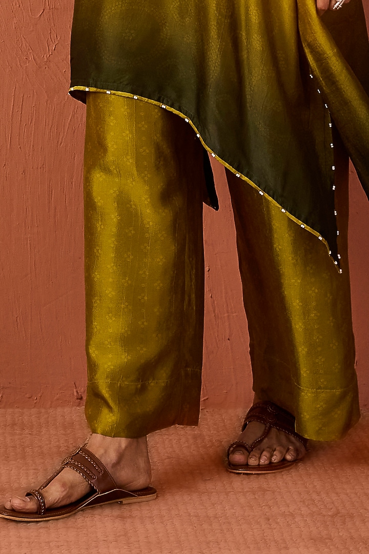 Green & Yellow Vasansi Silk Bead Work Asymmetric Kurta Set by Vasansi Jaipur at Pernia's Pop Up Shop