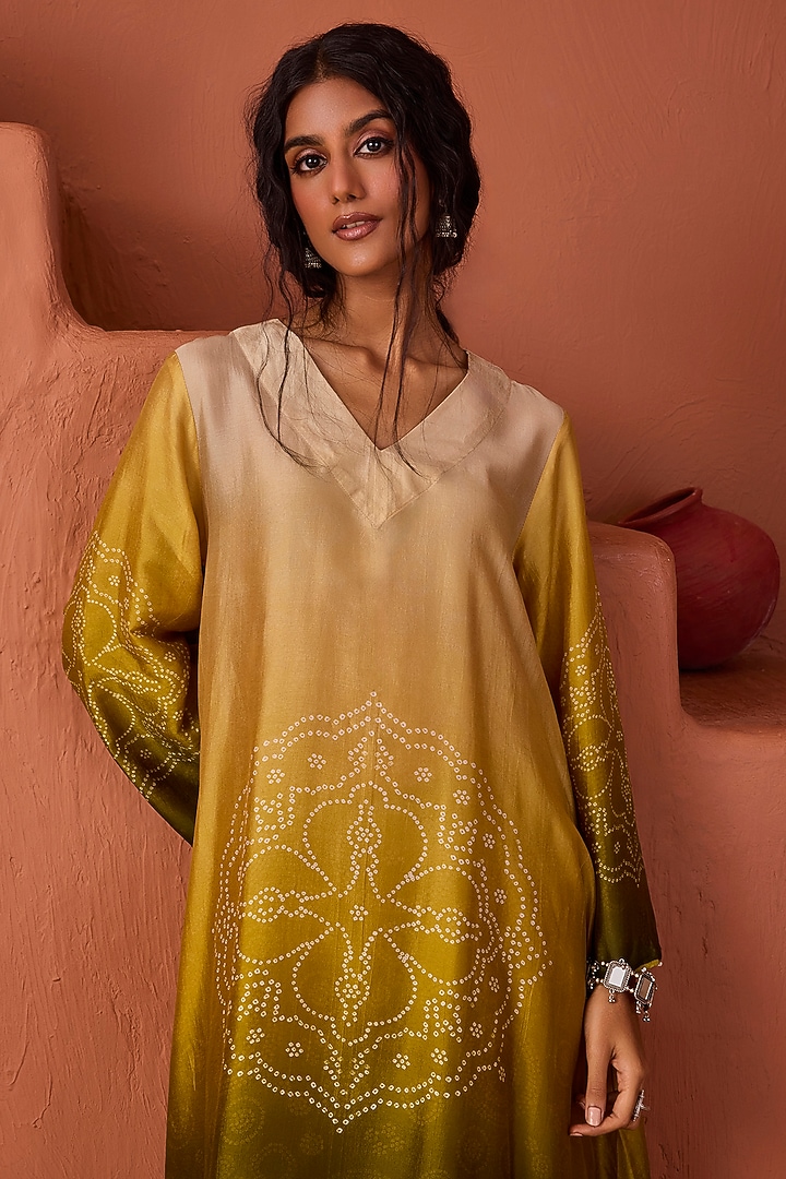 Green & Yellow Vasansi Silk Bead Work Asymmetric Kurta Set by Vasansi Jaipur at Pernia's Pop Up Shop