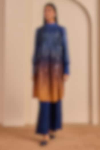 Blue & Ochre Vasansi Silk Bandhani Printed Kurta Set by Vasansi Jaipur at Pernia's Pop Up Shop