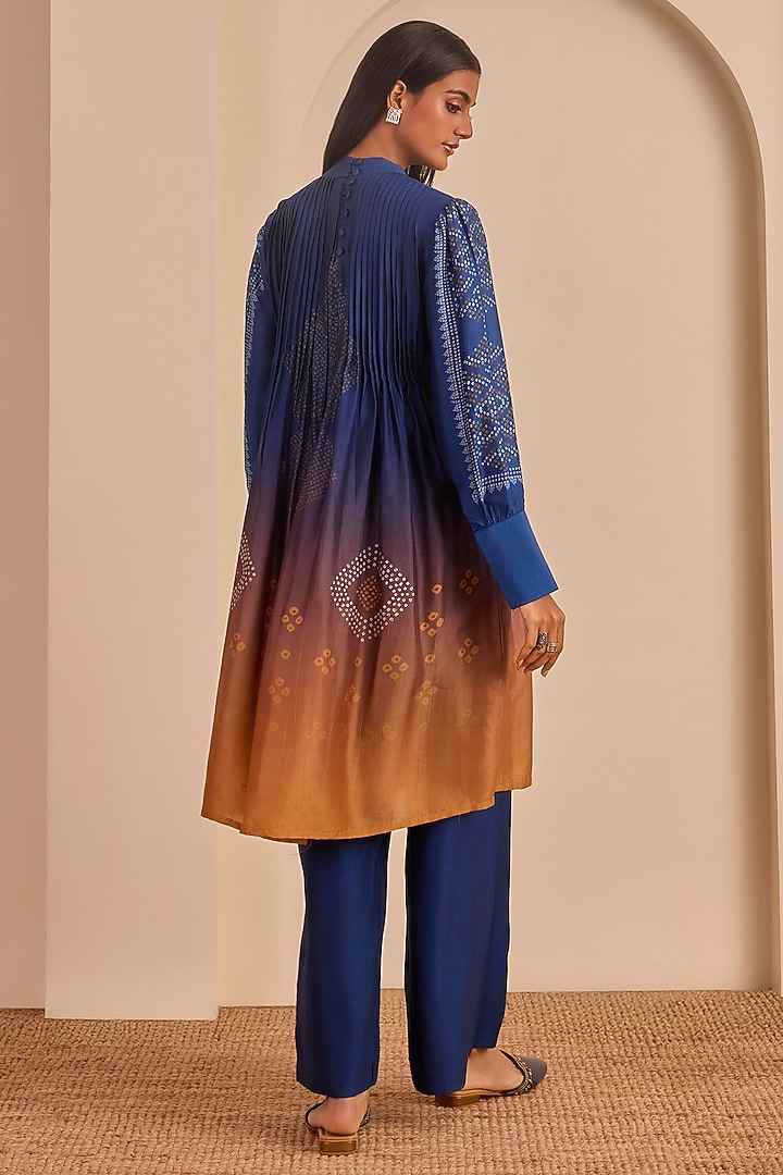 Blue & Ochre Vasansi Silk Bandhani Printed Kurta Set by Vasansi Jaipur at Pernia's Pop Up Shop