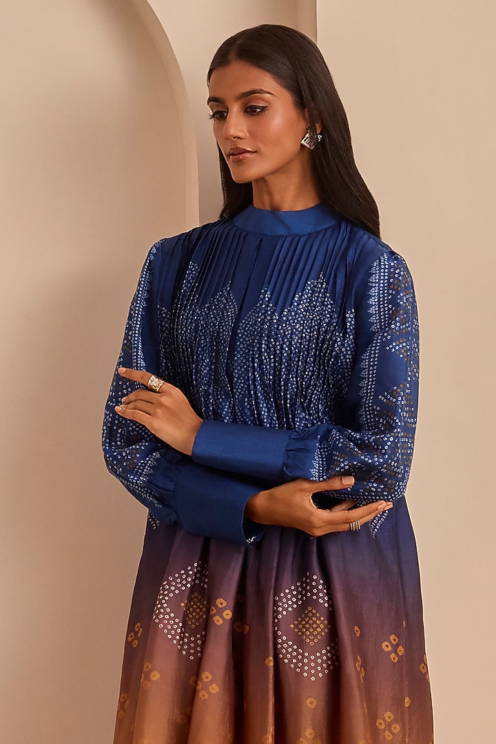 Blue & Ochre Vasansi Silk Bandhani Printed Kurta Set by Vasansi Jaipur at Pernia's Pop Up Shop