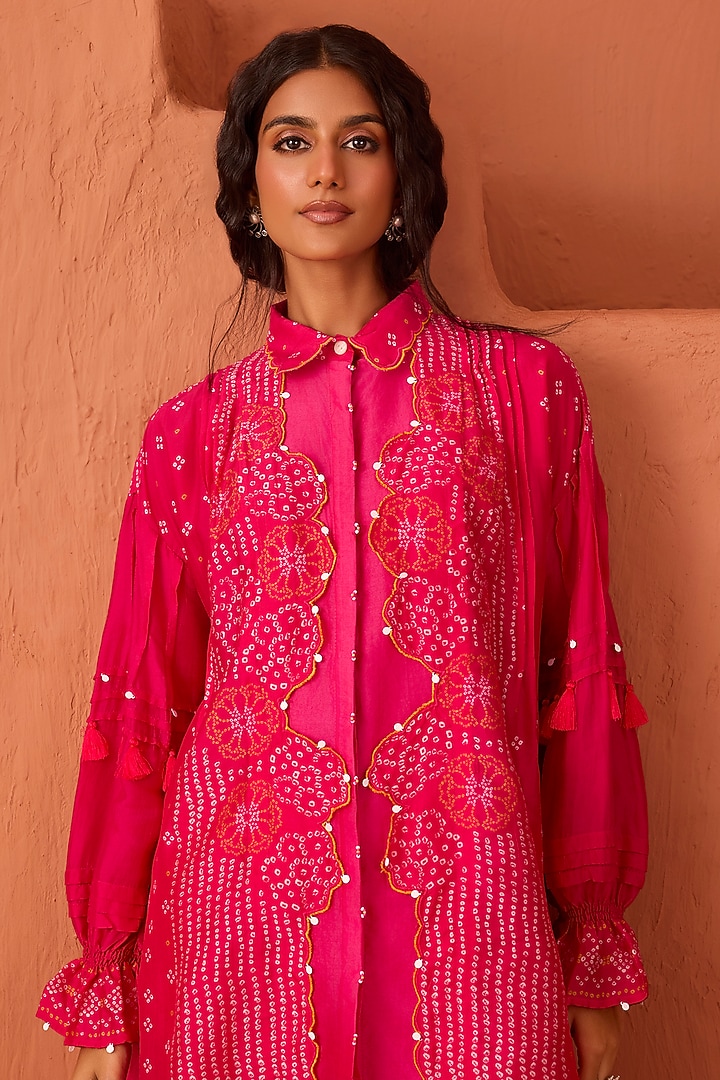 Pink Vasansi Silk Bandhani Printed Kurta Set by Vasansi Jaipur at Pernia's Pop Up Shop