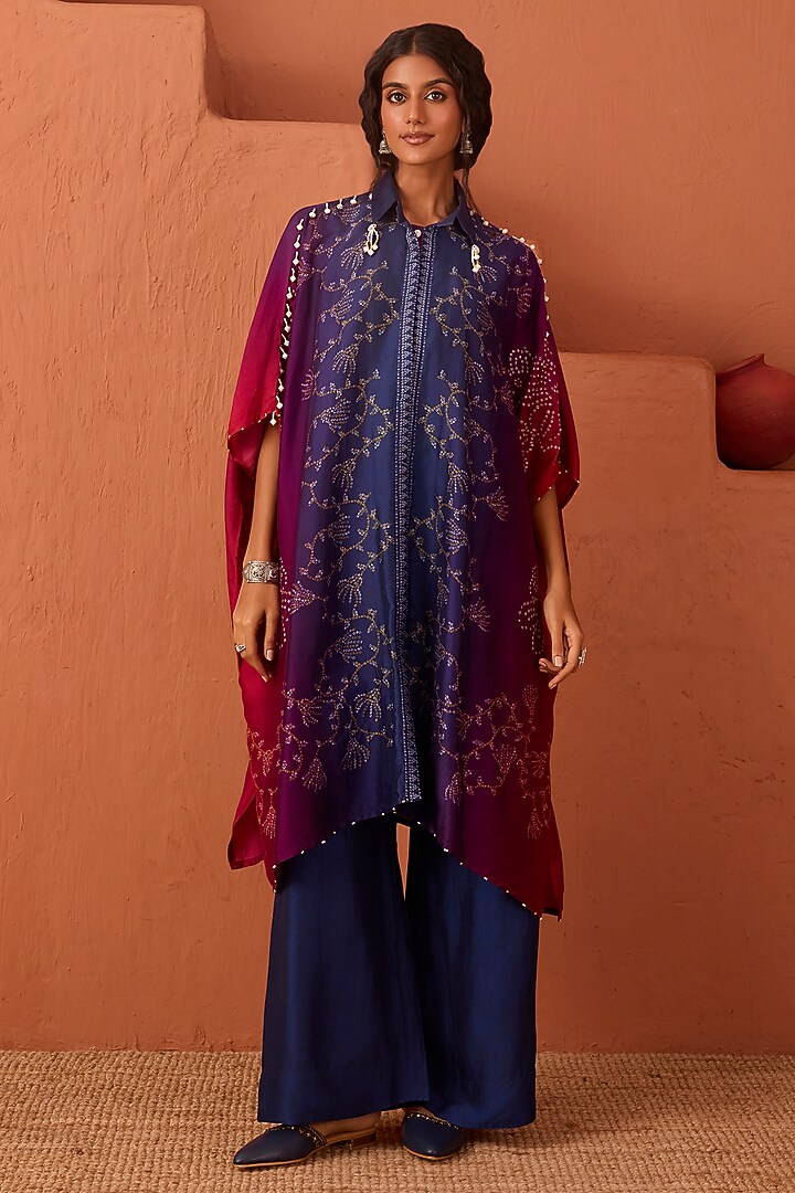 Blue & Pink Vasansi Silk Printed Kaftan Set by Vasansi Jaipur at Pernia's Pop Up Shop