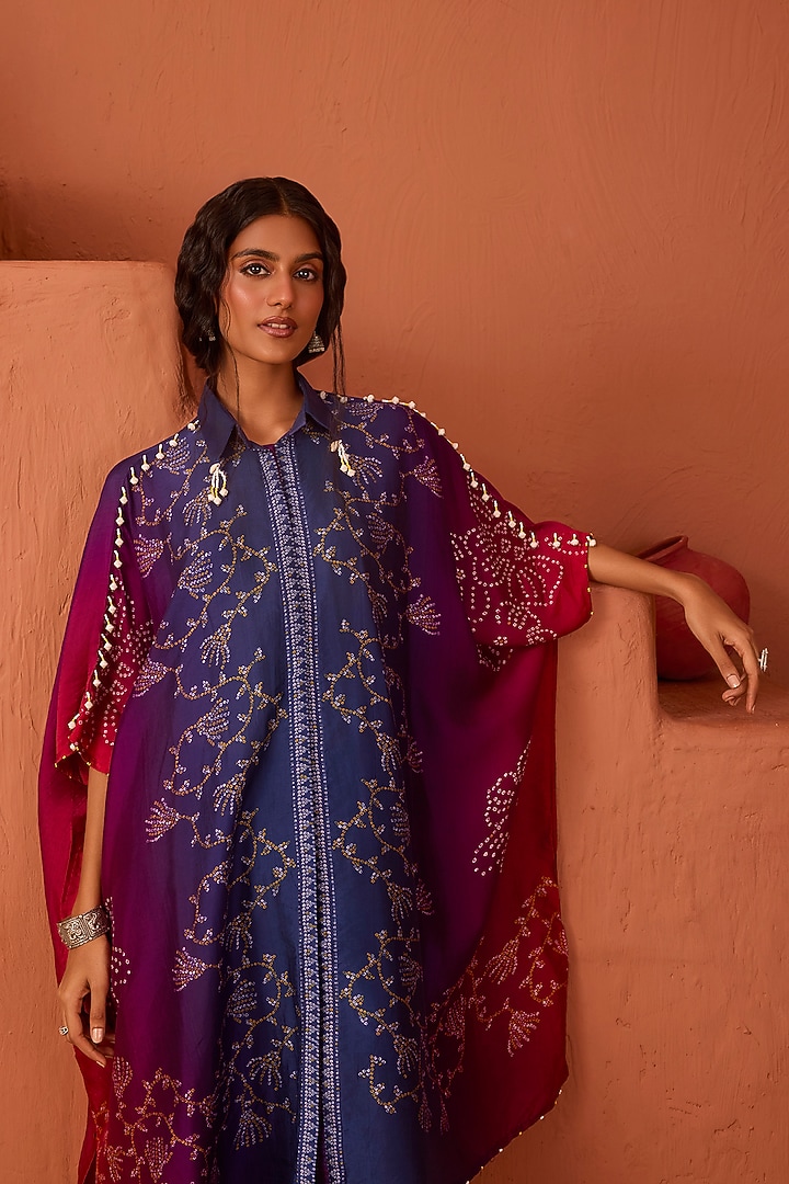 Blue & Pink Vasansi Silk Printed Kaftan Set by Vasansi Jaipur at Pernia's Pop Up Shop