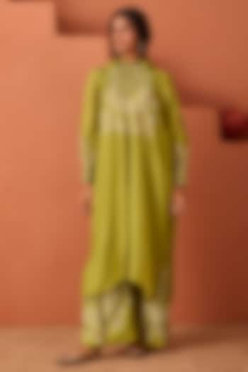 Olive Green Vasansi Silk Bandhani Printed Kaftan Set by Vasansi Jaipur at Pernia's Pop Up Shop