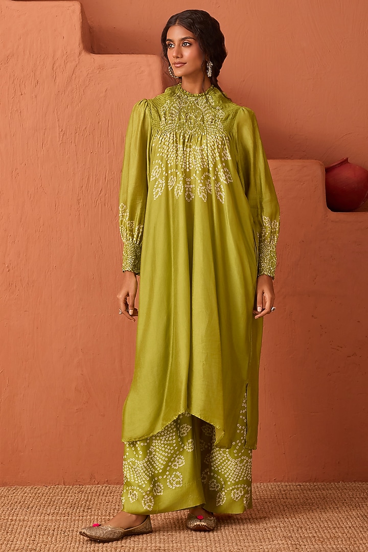 Olive Green Vasansi Silk Bandhani Printed Kaftan Set by Vasansi Jaipur at Pernia's Pop Up Shop