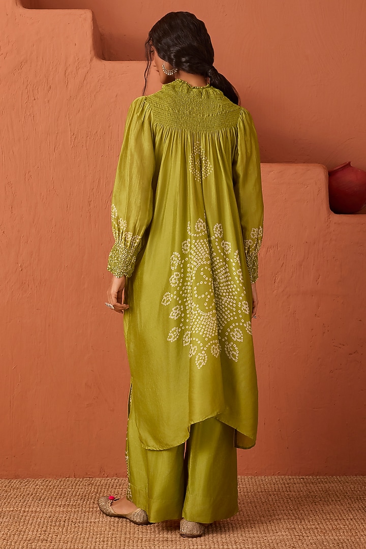 Olive Green Vasansi Silk Bandhani Printed Kaftan Set by Vasansi Jaipur at Pernia's Pop Up Shop