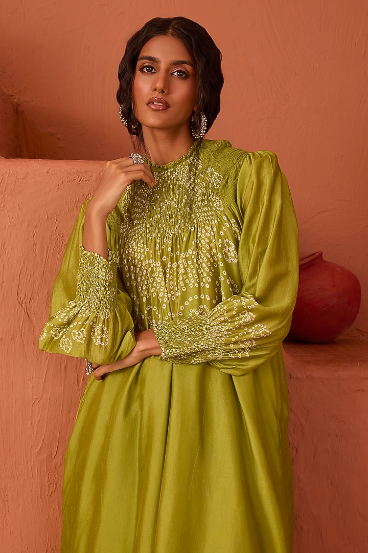 Olive Green Vasansi Silk Bandhani Printed Kaftan Set by Vasansi Jaipur at Pernia's Pop Up Shop