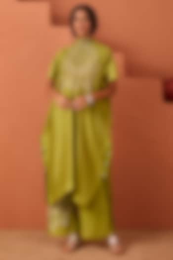 Olive Green Vasansi Silk Bandhani Printed Kaftan Set by Vasansi Jaipur at Pernia's Pop Up Shop