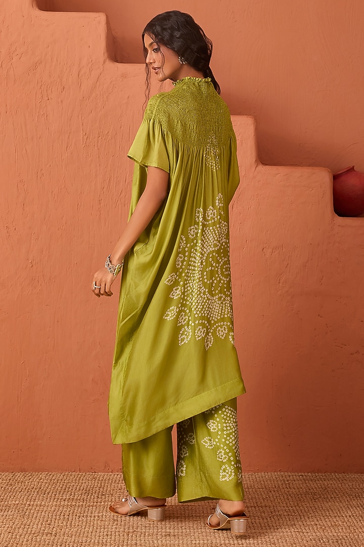 Olive Green Vasansi Silk Bandhani Printed Kaftan Set by Vasansi Jaipur at Pernia's Pop Up Shop