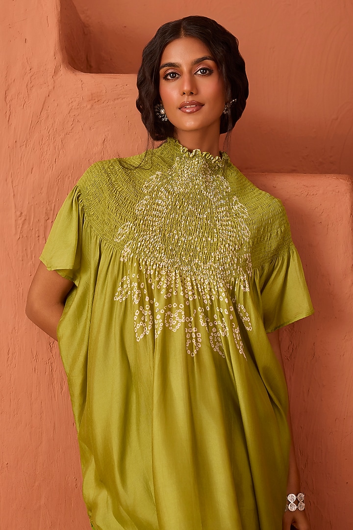 Olive Green Vasansi Silk Bandhani Printed Kaftan Set by Vasansi Jaipur at Pernia's Pop Up Shop