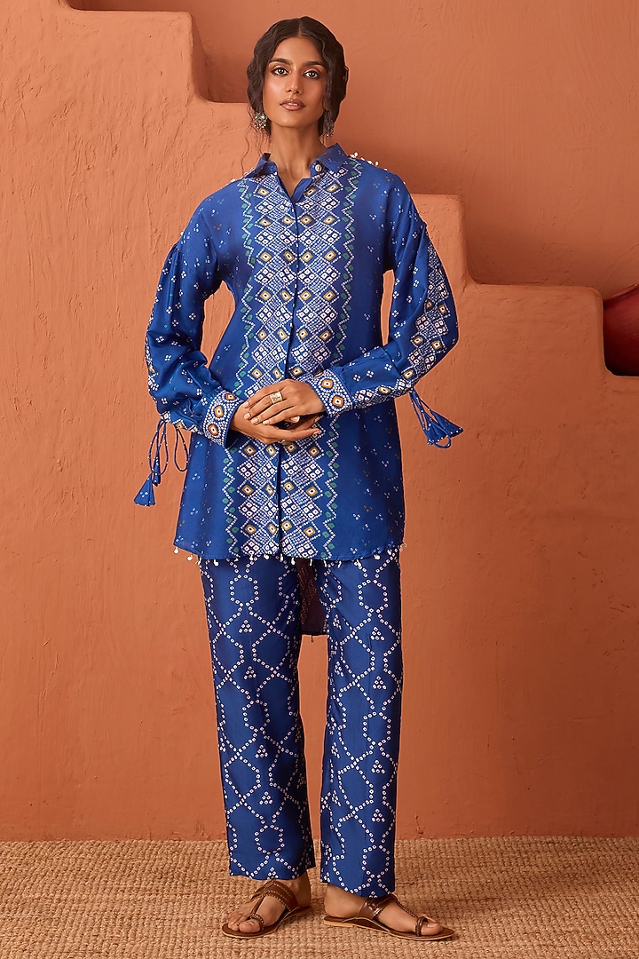 Blue Vasansi Silk Bandhani Printed Co-Ord Set by Vasansi Jaipur at Pernia's Pop Up Shop