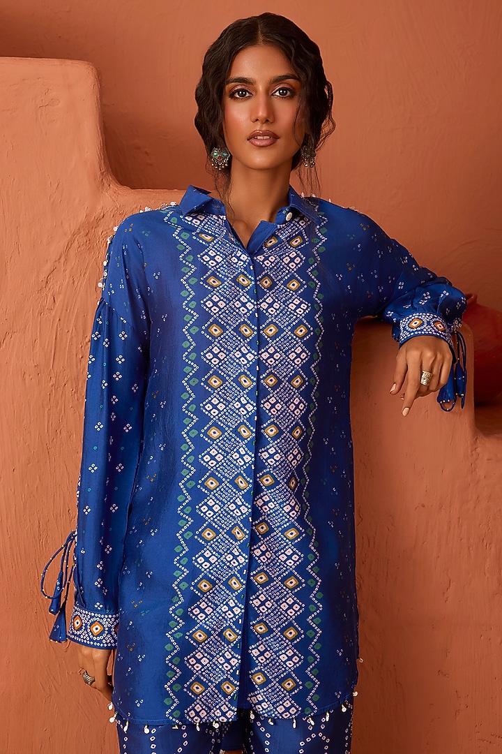 Blue Vasansi Silk Bandhani Printed Co-Ord Set by Vasansi Jaipur at Pernia's Pop Up Shop