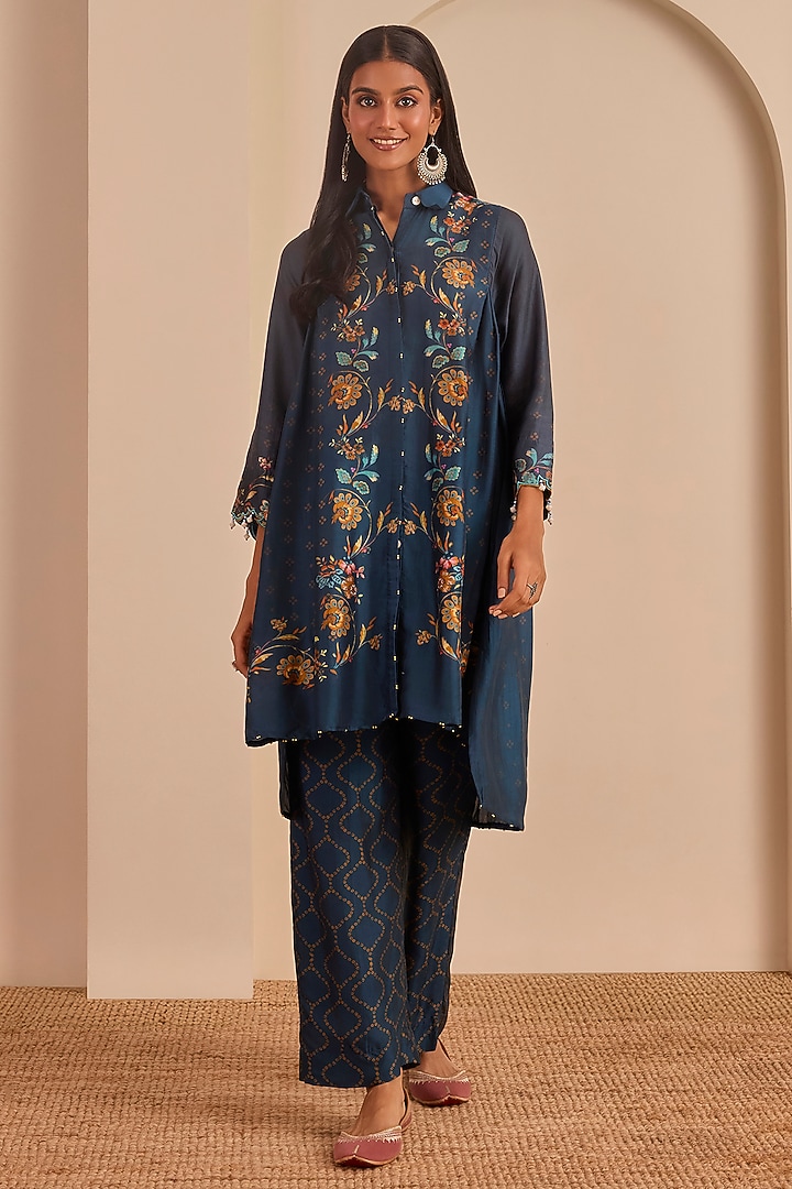 Metallic Blue Vasansi Silk Printed Kurta Set by Vasansi Jaipur at Pernia's Pop Up Shop