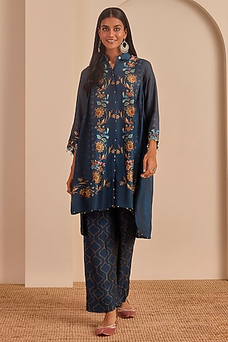 Metallic Blue Vasansi Silk Printed Kurta Set by Vasansi Jaipur