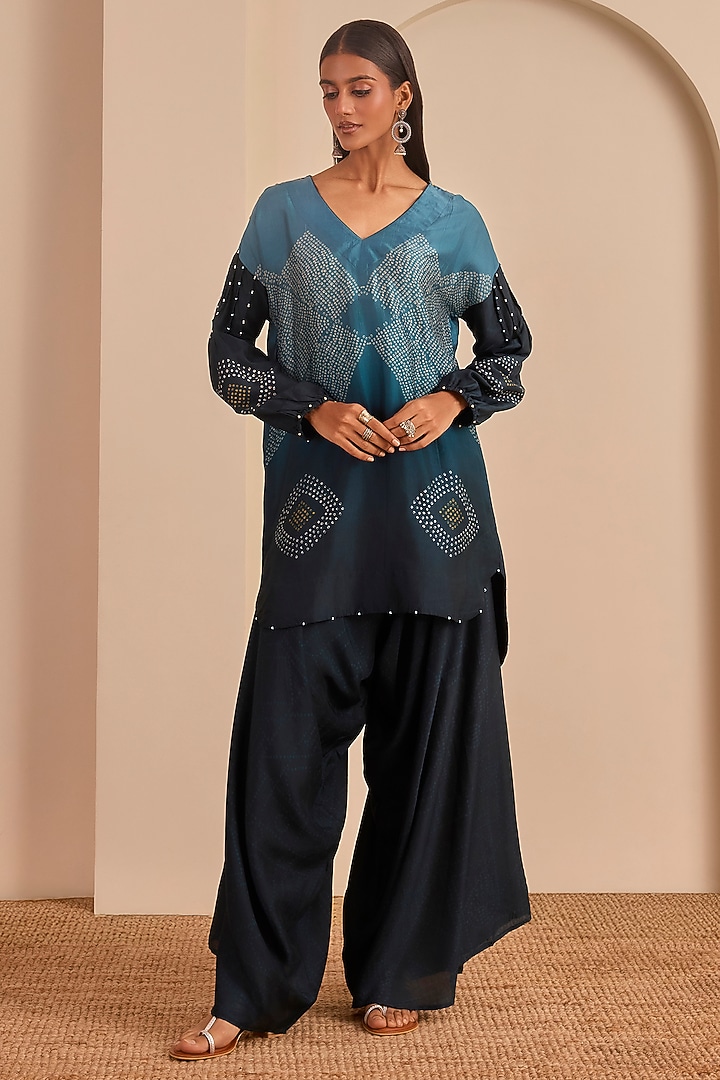 Dark Grey & Blue Vasansi Silk Printed Co-Ord Set by Vasansi Jaipur at Pernia's Pop Up Shop