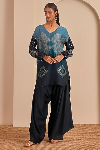 Dark Grey & Blue Vasansi Silk Printed Co-Ord Set by Vasansi Jaipur