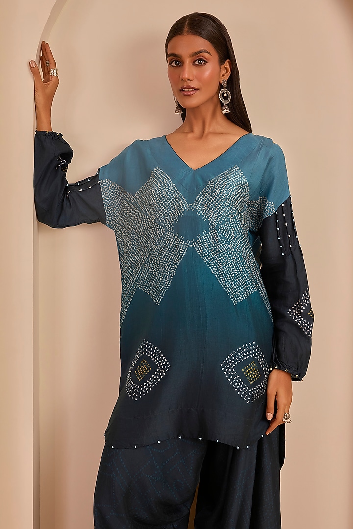 Dark Grey & Blue Vasansi Silk Printed Co-Ord Set by Vasansi Jaipur at Pernia's Pop Up Shop