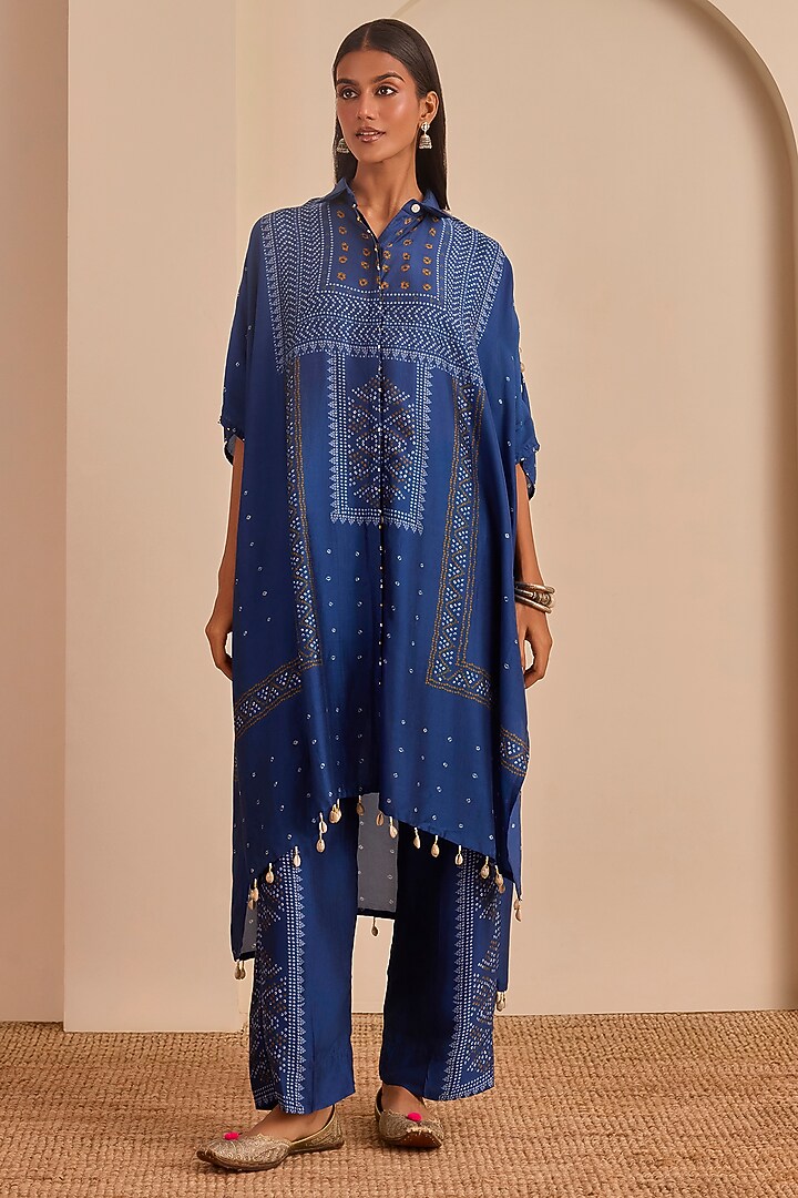 Blue Vasansi Silk Bead Work Bandhani Kaftan Set by Vasansi Jaipur at Pernia's Pop Up Shop