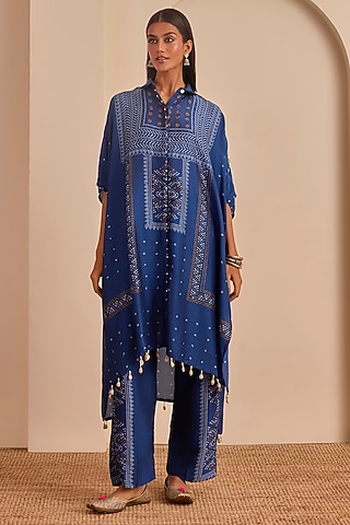 Blue Vasansi Silk Bead Work Bandhani Kaftan Set by Vasansi Jaipur