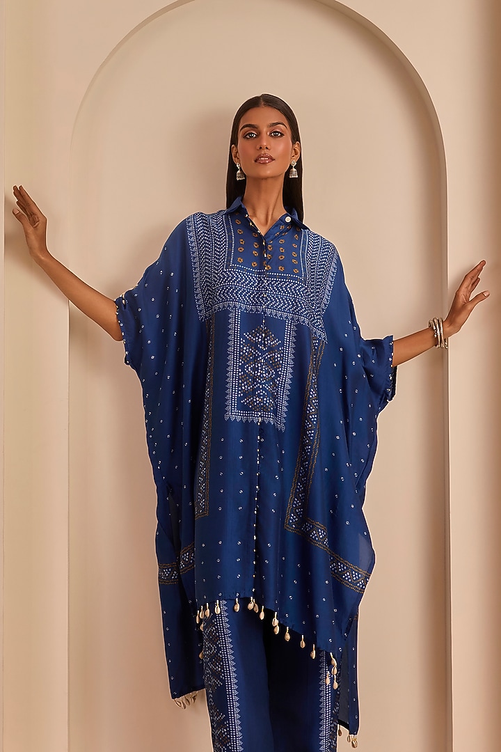 Blue Vasansi Silk Bead Work Bandhani Kaftan Set by Vasansi Jaipur at Pernia's Pop Up Shop