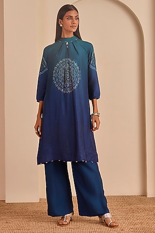 Lapis Blue Ombre Vasansi Silk Bead Work Kurta Set by Vasansi Jaipur