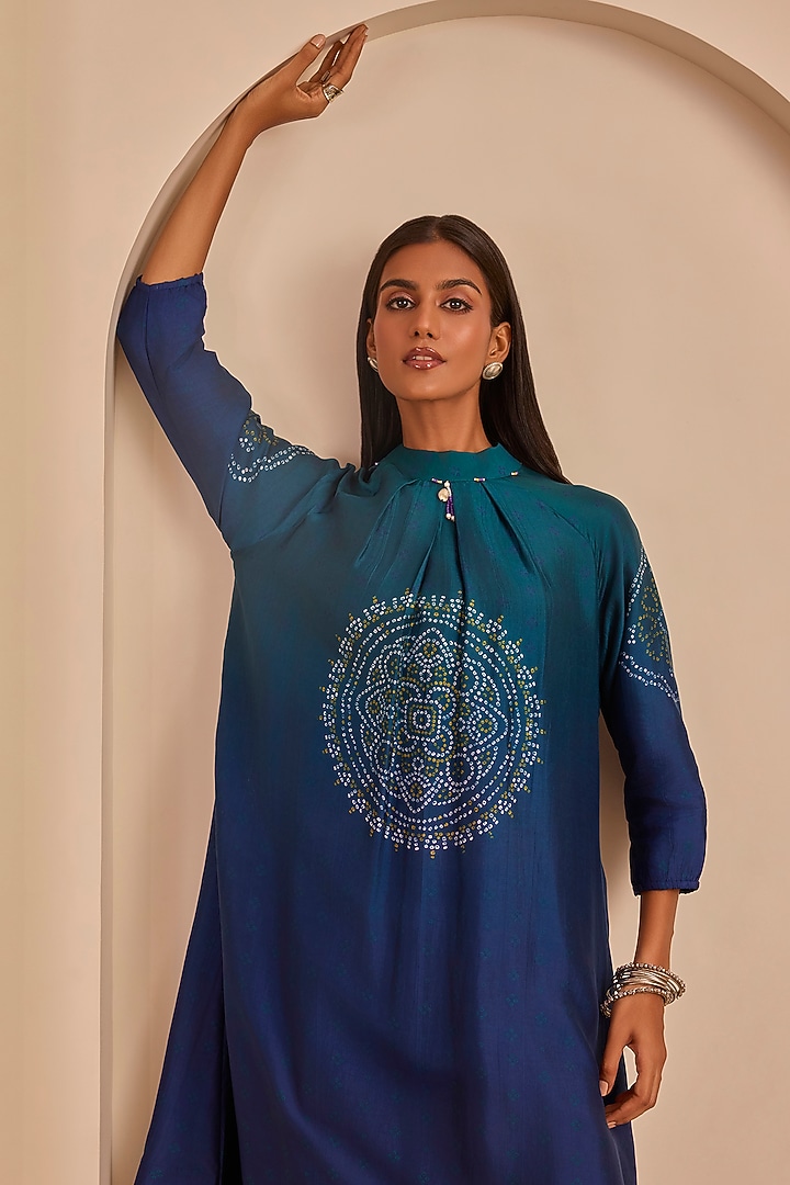 Lapis Blue Ombre Vasansi Silk Bead Work Kurta Set by Vasansi Jaipur at Pernia's Pop Up Shop