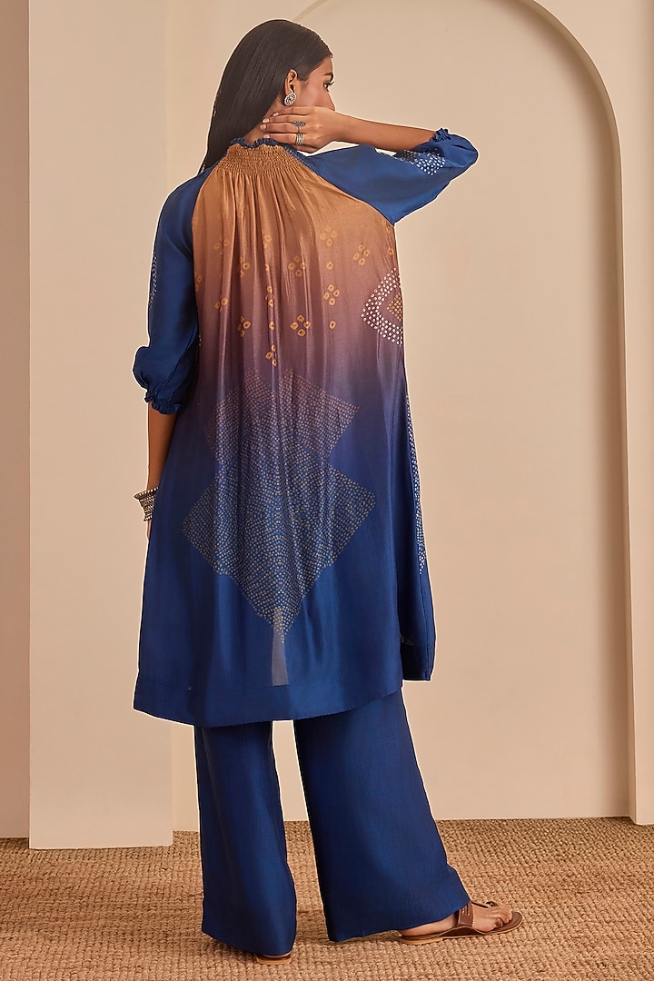 Blue & Ochre Vasansi Silk Bandhani Printed Kurta Set by Vasansi Jaipur at Pernia's Pop Up Shop